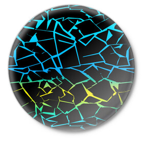 Значок с принтом НЕОНОВЫЙ ГРАДИЕНТ ,  металл | круглая форма, металлическая застежка в виде булавки | геометрия | градиент | лед | молнии | неон | пестрый | полосы | разлом | синий | спортивный | стекло | текстура