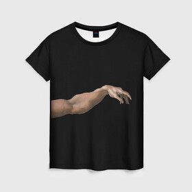 Женская футболка 3D с принтом Сотворение Адама (парная)  , 100% полиэфир ( синтетическое хлопкоподобное полотно) | прямой крой, круглый вырез горловины, длина до линии бедер | Тематика изображения на принте: для пар | искусство | картина | любовь | парная | парная футболка | руки | сотворение адама | эстетика