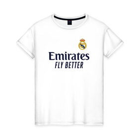 Женская футболка хлопок с принтом Real Madrid 2020/2021 , 100% хлопок | прямой крой, круглый вырез горловины, длина до линии бедер, слегка спущенное плечо | Тематика изображения на принте: 2021 | benzema | hazard | madrid | ramos | real | джерси | мадрид | реал | форма