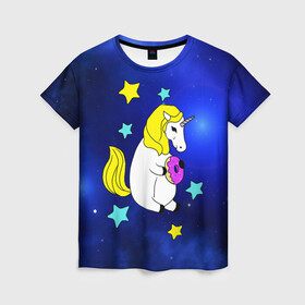 Женская футболка 3D с принтом Звездный Единорог , 100% полиэфир ( синтетическое хлопкоподобное полотно) | прямой крой, круглый вырез горловины, длина до линии бедер | angel | stars | unicorn | wings | ангел | блестящие | вселенная | галактика | детские | донат | еда | единорог | единорожки | звезды | копыта | космический | лошадка | лошадь | луна | малыш | неоновые | пегас | пони