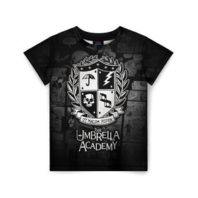 Детская футболка 3D с принтом Академия Амбрелла , 100% гипоаллергенный полиэфир | прямой крой, круглый вырез горловины, длина до линии бедер, чуть спущенное плечо, ткань немного тянется | the umbrella academy | umbrella | академия амбрелла | амбрелла | герб | зонтик | комиксы