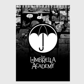 Скетчбук с принтом Академия Амбрелла , 100% бумага
 | 48 листов, плотность листов — 100 г/м2, плотность картонной обложки — 250 г/м2. Листы скреплены сверху удобной пружинной спиралью | the umbrella academy | umbrella | академия амбрелла | амбрелла | герб | зонтик | комиксы