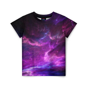 Детская футболка 3D с принтом Космическое небо , 100% гипоаллергенный полиэфир | прямой крой, круглый вырез горловины, длина до линии бедер, чуть спущенное плечо, ткань немного тянется | арт | звёзды | космос | облако | розовый | синий | сияние | туманность | фиолетовый | яркие цвета