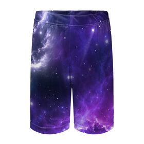 Детские спортивные шорты 3D с принтом Космическое небо ,  100% полиэстер
 | пояс оформлен широкой мягкой резинкой, ткань тянется
 | арт | белый | бирюзовый | звёзды | космос | облако | розовый | синий | сияние | тёмный | туманность | фиолетовый | яркие цвета