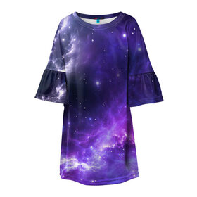 Детское платье 3D с принтом Космическое небо , 100% полиэстер | прямой силуэт, чуть расширенный к низу. Круглая горловина, на рукавах — воланы | Тематика изображения на принте: арт | белый | бирюзовый | звёзды | космос | облако | розовый | синий | сияние | тёмный | туманность | фиолетовый | яркие цвета