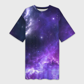 Платье-футболка 3D с принтом Космическое небо ,  |  | Тематика изображения на принте: арт | белый | бирюзовый | звёзды | космос | облако | розовый | синий | сияние | тёмный | туманность | фиолетовый | яркие цвета