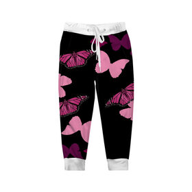 Детские брюки 3D с принтом Розовые бабочки , 100% полиэстер | манжеты по низу, эластичный пояс регулируется шнурком, по бокам два кармана без застежек, внутренняя часть кармана из мелкой сетки | бабочка | бабочки | розовый | чёрный