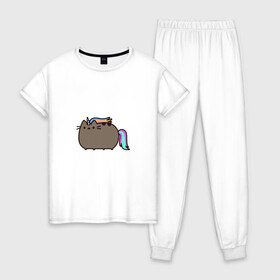 Женская пижама хлопок с принтом Кот-единорог , 100% хлопок | брюки и футболка прямого кроя, без карманов, на брюках мягкая резинка на поясе и по низу штанин | единорог | животные | котики | милые.