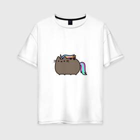 Женская футболка хлопок Oversize с принтом Кот-единорог , 100% хлопок | свободный крой, круглый ворот, спущенный рукав, длина до линии бедер
 | единорог | животные | котики | милые.