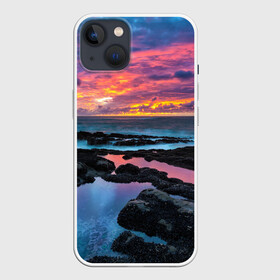 Чехол для iPhone 13 с принтом Закат ,  |  | вечер | вода | волна | волны | восход | горизонт | запад | капли | крабы | луна | море | небо | ночь | облака | океан | оранжевая | оранжевый | остров | пейзаж | пляж | радуга | ракушки | рассвет | синий