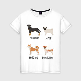 Женская футболка хлопок с принтом ротвейлер мопс акита джек , 100% хлопок | прямой крой, круглый вырез горловины, длина до линии бедер, слегка спущенное плечо | акита ину | джек рассел | мопс | песокафе | ротвейлер | собаки