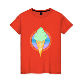 Женская футболка хлопок с принтом Мятное мороженое , 100% хлопок | прямой крой, круглый вырез горловины, длина до линии бедер, слегка спущенное плечо | вафля | вкусно | круг | лето | мороженое | подтеки | посыпка | свечение | сладости
