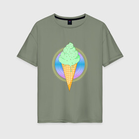 Женская футболка хлопок Oversize с принтом Мятное мороженое , 100% хлопок | свободный крой, круглый ворот, спущенный рукав, длина до линии бедер
 | вафля | вкусно | круг | лето | мороженое | подтеки | посыпка | свечение | сладости
