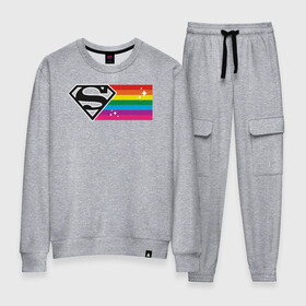 Женский костюм хлопок с принтом Superman Rainbow Logo , 100% хлопок | на свитшоте круглая горловина, мягкая резинка по низу. Брюки заужены к низу, на них два вида карманов: два 