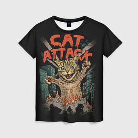 Женская футболка 3D с принтом Нападение гигантского котика , 100% полиэфир ( синтетическое хлопкоподобное полотно) | прямой крой, круглый вырез горловины, длина до линии бедер | attack | attacks | big | cat | cats | catzilla | city | cute | flame | flames | kaiju | kitten | kitty | атака | атакует | большой | город | кайдзю | катастрофа | кот | котенок | котзилла | котик | котострофа | милый | нападает | огонь | огро
