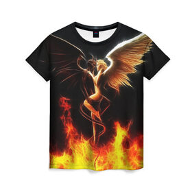 Женская футболка 3D с принтом Angel and demon , 100% полиэфир ( синтетическое хлопкоподобное полотно) | прямой крой, круглый вырез горловины, длина до линии бедер | добро и зло. | крылья | рога | хвост | чистый и тёмный
