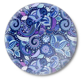 Значок с принтом ВОСТОЧНЫЙ УЗОР ,  металл | круглая форма, металлическая застежка в виде булавки | Тематика изображения на принте: восток | гжель | красивый | природа | синий | сказка | узор | фиолетовый | цветы
