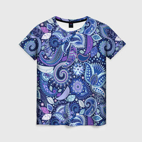 Женская футболка 3D с принтом ВОСТОЧНЫЙ УЗОР , 100% полиэфир ( синтетическое хлопкоподобное полотно) | прямой крой, круглый вырез горловины, длина до линии бедер | восток | гжель | красивый | природа | синий | сказка | узор | фиолетовый | цветы