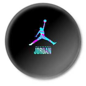 Значок с принтом Jordan ,  металл | круглая форма, металлическая застежка в виде булавки | jordan | michael | nba | баскетбол | джорданмайкл | игра | легенда | майкл джордан | мяч | неон | футбол