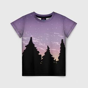 Детская футболка 3D с принтом Лес под ночным небом , 100% гипоаллергенный полиэфир | прямой крой, круглый вырез горловины, длина до линии бедер, чуть спущенное плечо, ткань немного тянется | вечер | градиент | закат | звездное небо | звезды | лес | небо | очертание | очертание леса | сумерки | тайга | фиолетовый | черный