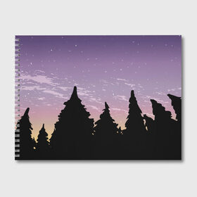 Альбом для рисования с принтом Лес под ночным небом , 100% бумага
 | матовая бумага, плотность 200 мг. | Тематика изображения на принте: вечер | градиент | закат | звездное небо | звезды | лес | небо | очертание | очертание леса | сумерки | тайга | фиолетовый | черный