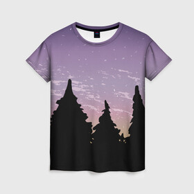 Женская футболка 3D с принтом Лес под ночным небом , 100% полиэфир ( синтетическое хлопкоподобное полотно) | прямой крой, круглый вырез горловины, длина до линии бедер | вечер | градиент | закат | звездное небо | звезды | лес | небо | очертание | очертание леса | сумерки | тайга | фиолетовый | черный