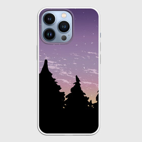 Чехол для iPhone 13 Pro с принтом Лес под ночным небом ,  |  | вечер | градиент | закат | звездное небо | звезды | лес | небо | очертание | очертание леса | сумерки | тайга | фиолетовый | черный