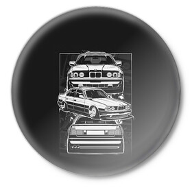 Значок с принтом BMW ,  металл | круглая форма, металлическая застежка в виде булавки | Тематика изображения на принте: auto | bmw | car | e | e34 | germany | m | m5 | series | x | авто | автомобиль | бмв | бнв | германия | машина