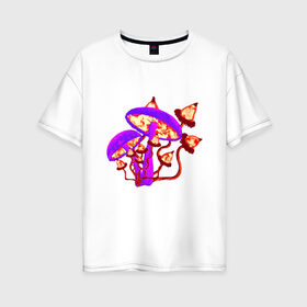 Женская футболка хлопок Oversize с принтом Грибы , 100% хлопок | свободный крой, круглый ворот, спущенный рукав, длина до линии бедер
 | грибы | желтые грибы | поганки | фиолетовые грибы | яркий принт