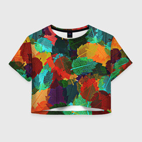 Женская футболка Crop-top 3D с принтом Abstract Autumn Leaves , 100% полиэстер | круглая горловина, длина футболки до линии талии, рукава с отворотами | абстракция | дерево | деревья | дождь | клен | лес | листики | листочки | листья | листья дуба | листья клен | листья неон | листья тропические | оранжевая | оранжевый | осень | текстура | узор | уют