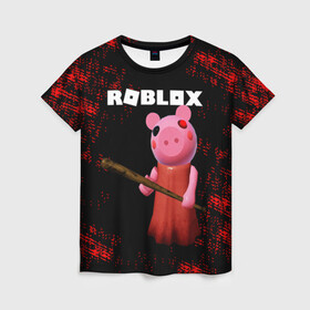 Женская футболка 3D с принтом ROBLOX PIGGY - СВИНКА ПИГГИ , 100% полиэфир ( синтетическое хлопкоподобное полотно) | прямой крой, круглый вырез горловины, длина до линии бедер | pig | piggy | roblox | игра | компьютерная игра | логотип | онлайн | онлайн игра | пигги | поросенок | роблакс | роблокс | свинка | свинья