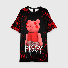 Детское платье 3D с принтом ROBLOX PIGGY - СВИНКА ПИГГИ , 100% полиэстер | прямой силуэт, чуть расширенный к низу. Круглая горловина, на рукавах — воланы | Тематика изображения на принте: pig | piggy | roblox | игра | компьютерная игра | логотип | онлайн | онлайн игра | пигги | поросенок | роблакс | роблокс | свинка | свинья