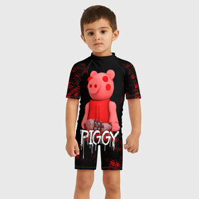 Детский купальный костюм 3D с принтом ROBLOX PIGGY - СВИНКА ПИГГИ , Полиэстер 85%, Спандекс 15% | застежка на молнии на спине | pig | piggy | roblox | игра | компьютерная игра | логотип | онлайн | онлайн игра | пигги | поросенок | роблакс | роблокс | свинка | свинья
