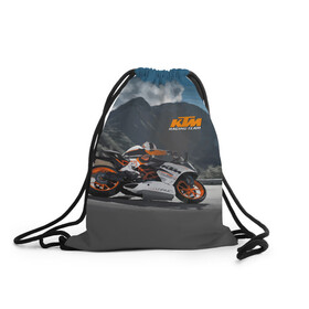Рюкзак-мешок 3D с принтом KTM Racing team , 100% полиэстер | плотность ткани — 200 г/м2, размер — 35 х 45 см; лямки — толстые шнурки, застежка на шнуровке, без карманов и подкладки | clouds | ktm | motorcycle | mountains | nature | racer | racing | route | sky | team | гонщик | горы | мотоцикл | небо | облака | природа | трасса