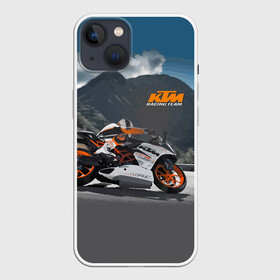 Чехол для iPhone 13 с принтом KTM Racing team ,  |  | clouds | ktm | motorcycle | mountains | nature | racer | racing | route | sky | team | гонщик | горы | мотоцикл | небо | облака | природа | трасса