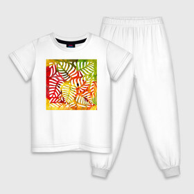 Детская пижама хлопок с принтом Листья , 100% хлопок |  брюки и футболка прямого кроя, без карманов, на брюках мягкая резинка на поясе и по низу штанин
 | autum | leaves | summer | желтый | зеленый | красный | лето | листья | осень | растительный орнамент