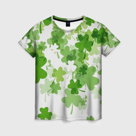 Женская футболка 3D с принтом Клеверный дождь , 100% полиэфир ( синтетическое хлопкоподобное полотно) | прямой крой, круглый вырез горловины, длина до линии бедер | белый | дождь | зеленый | клевер | много клевера | удача