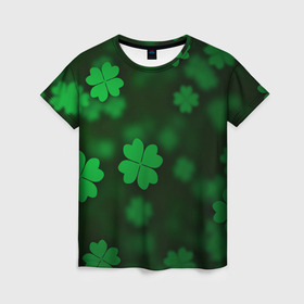 Женская футболка 3D с принтом Клеверный дождь , 100% полиэфир ( синтетическое хлопкоподобное полотно) | прямой крой, круглый вырез горловины, длина до линии бедер | арт | зеленый | клевер | ночь | размыто | рисунок | темный | удача