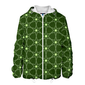 Мужская куртка 3D с принтом Зеленые звёзды , ткань верха — 100% полиэстер, подклад — флис | прямой крой, подол и капюшон оформлены резинкой с фиксаторами, два кармана без застежек по бокам, один большой потайной карман на груди. Карман на груди застегивается на липучку | вертикальный рисунок | звёзды | зеленый | отражение | темный