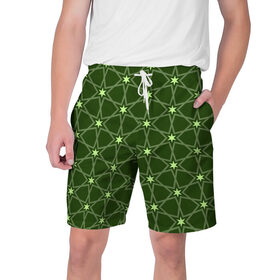 Мужские шорты 3D с принтом Зеленые звёзды ,  полиэстер 100% | прямой крой, два кармана без застежек по бокам. Мягкая трикотажная резинка на поясе, внутри которой широкие завязки. Длина чуть выше колен | вертикальный рисунок | звёзды | зеленый | отражение | темный