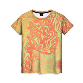 Женская футболка 3D с принтом Цветные разводы. , 100% полиэфир ( синтетическое хлопкоподобное полотно) | прямой крой, круглый вырез горловины, длина до линии бедер | абстракция | волны | желтый | кляксы | оранжевый | пятна | салатовый | цветные разводы