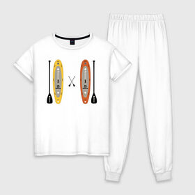 Женская пижама хлопок с принтом сап серфинг , 100% хлопок | брюки и футболка прямого кроя, без карманов, на брюках мягкая резинка на поясе и по низу штанин | serfing | sup boarding | sup serfing | sup серфинг | сап серфинг | серфинг