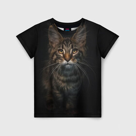 Детская футболка 3D с принтом Кот усатый , 100% гипоаллергенный полиэфир | прямой крой, круглый вырез горловины, длина до линии бедер, чуть спущенное плечо, ткань немного тянется | cat | кот | котёнок | котик | кошка | мейн кун | полосатый | пушистый | усатый