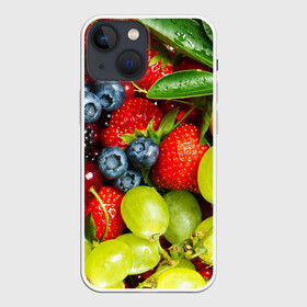 Чехол для iPhone 13 mini с принтом Фруктовый рай ,  |  | Тематика изображения на принте: виноград | ежевика | клубника | лимон | смородина