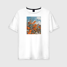 Женская футболка хлопок Oversize с принтом flowers , 100% хлопок | свободный крой, круглый ворот, спущенный рукав, длина до линии бедер
 | aethetic | flowers
