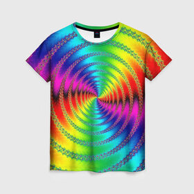 Женская футболка 3D с принтом Цветной гипноз , 100% полиэфир ( синтетическое хлопкоподобное полотно) | прямой крой, круглый вырез горловины, длина до линии бедер | насыщенные цвета | радуга | спираль | цвет | цвета | яркие цвета | ярко