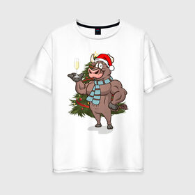 Женская футболка хлопок Oversize с принтом Новогодний Бык , 100% хлопок | свободный крой, круглый ворот, спущенный рукав, длина до линии бедер
 | 