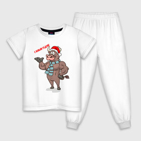 Детская пижама хлопок с принтом Новогодний Бык , 100% хлопок |  брюки и футболка прямого кроя, без карманов, на брюках мягкая резинка на поясе и по низу штанин
 | 