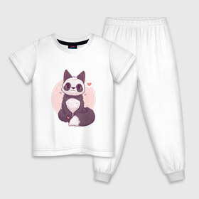 Детская пижама хлопок с принтом Лисья панда , 100% хлопок |  брюки и футболка прямого кроя, без карманов, на брюках мягкая резинка на поясе и по низу штанин
 | арт | белый | лиса | любовь | мило | милота | мимишка | панда | рисунок | сердце | чёрно белый | чёрный