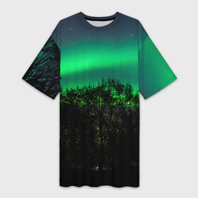 Платье-футболка 3D с принтом Северное сияние ,  |  | звездное небо | лес | пейзаж. | северное сияние